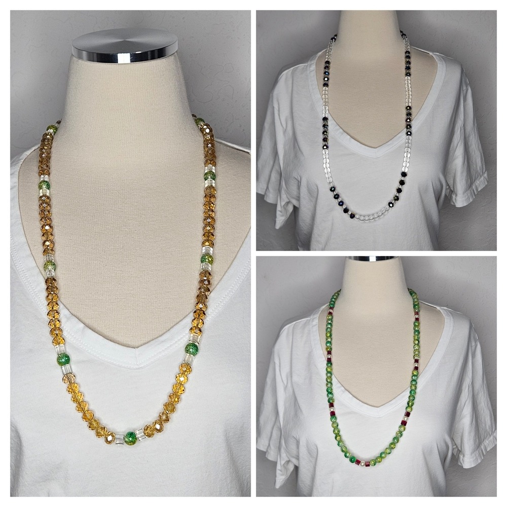 Lot‎ Of 3 Beaded Necklaces Glass Crystal Beads Green Clear Iridescent Layering
